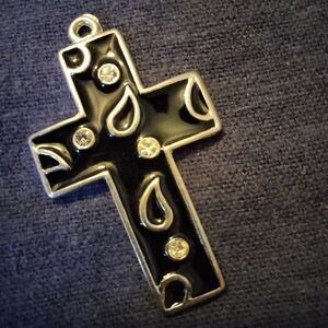 3 for💲25🌟silver-tone & black enamel Christian cross pendant tears rhinestones